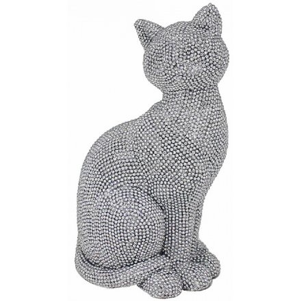 Silver Bling Sitting Cat, 19cm 