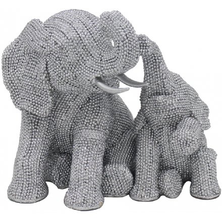 Posed Elephant & Baby Bling Art Ornament 