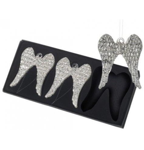 A set of 3 beautifully decorative glass angel wings, covered in sparkling silver glitter
