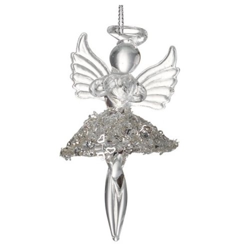 A stunning glass angel decoration adorned with sequins and glitter. 