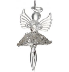 , a hanging glass angel with a glitzy sequin skirt 