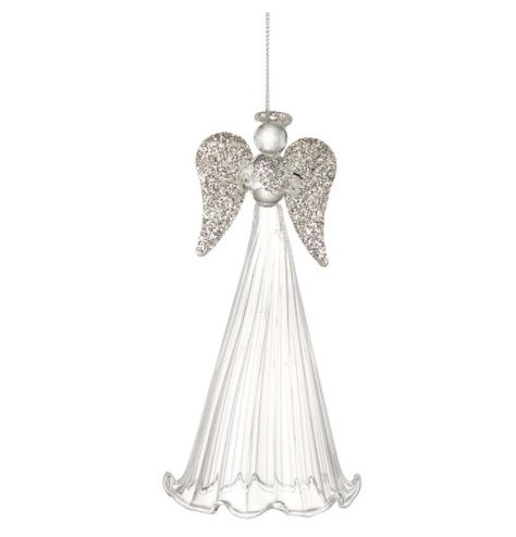 A beautiful hanging angel decoration with long flowing glass dress and glittery details. 