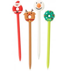 A fun and festive assortment of Santa, Snowman, Reindeer and Tree designed writing pens in a donut form