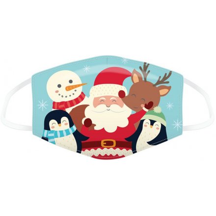 A fabric face covering decorated with a quirky and festive themed Christmas Character design 