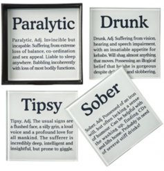 Set of 4 glass coasters with drunk definitions 