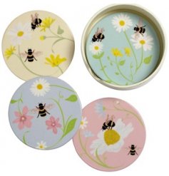 A charming and colourful set of ceramic coasters with a busy bee print to each 