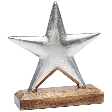 Silver Aluminium Star on Wooden Base 