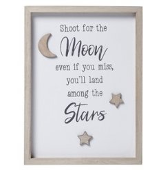 A gorgeously simplistic natural wooden plaque with added moon and star decals and a charming scripted text decal 