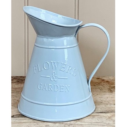 A charmingly simple decorative metal jug complete with a sleek grey colour coating and an embossed text decal 