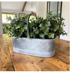 a decorative metal trug with an overly distressed setting and complete with a carry handle 