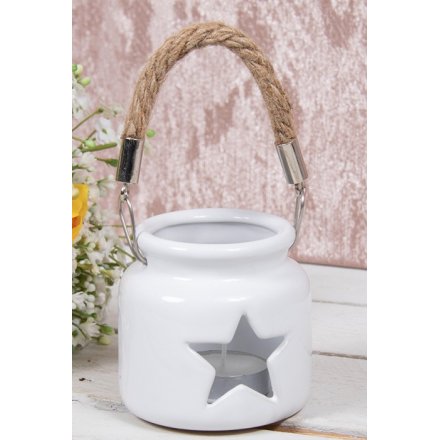 White Star Candle Holder With Rope Handle, 8cm 