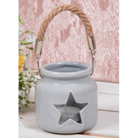 Grey Star Candle Holder With Rope Handle