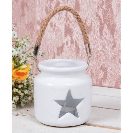 White Star Candle Holder With Rope Handle, 10cm 