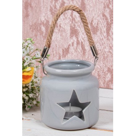 Grey Star Candle Holder With Rope Handle, 10cm 