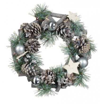 Silver, Glitter and Bauble Wreath, 27cm 