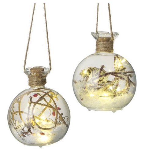 Mix Of 2 Snowy Glass Led Bauble 10cm