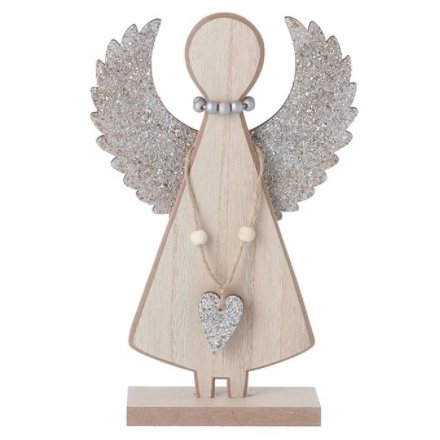 Wooden Angel With Glitter Wings & Heart, 25cm 