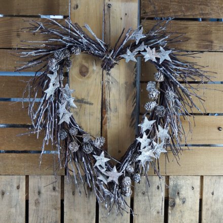 Twig Heart Wreath With Stars, 58cm 