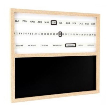  A large wooden framed chalkboard with an added magnetic calendar tracker on the top 