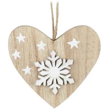 Hanging Wooden Heart With Snowflake, 7cm 