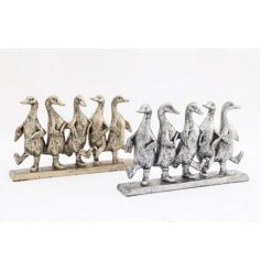  Set with distressed silver tones, this line of dancing ducks in wellies will be sure to add a fun and rustic edge to an