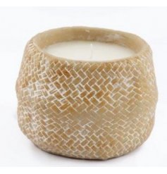 A rustic inspired terracotta based candle pot set with a woven inspired decal and white washed finish 