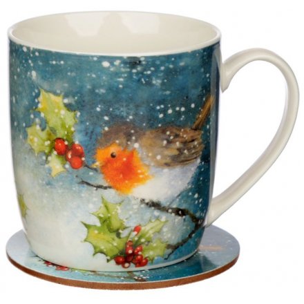 Winter Robin Illustrated Mug & Coaster 