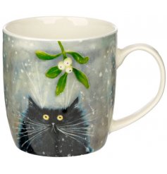 a porcelain mug featuring a wide eyed cat illustration 