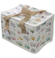 a quirky caravan printed lunch bag with a secure zip and cooler lining