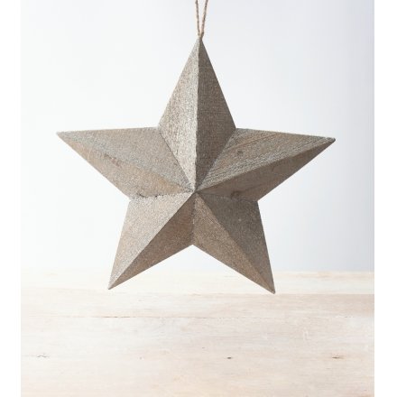 A large sized natural wooden star set with a rustic finish and a chunky rope hanger