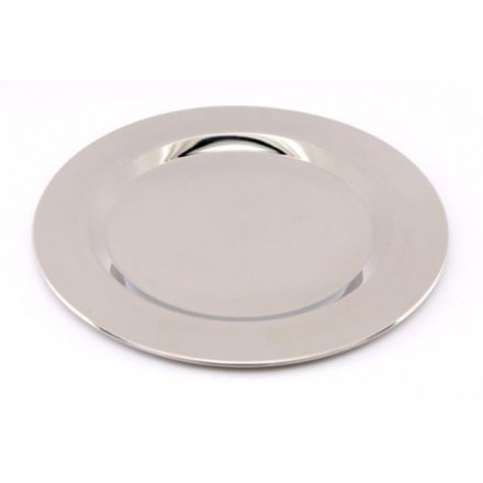 A sleek silver toned steel charger plate