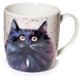 A quirky fine China Mug featuring a wide eyed fuzzy black cat illustration to it 