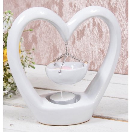 White Ceramic Heart Tlight Holder With Hanging Burner 