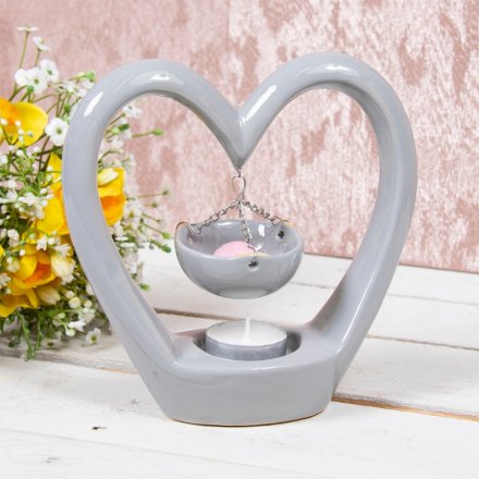Grey Ceramic Heart Tlight Holder With Hanging Burner 