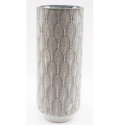 A decorative vase set with a charming embossed printed decal and simple cream tone 