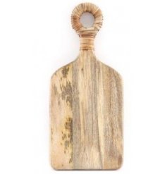  Sure to bring a rustic charm to your kitchen side, a distressed natural wood chopping board with a woven hoop handle fi