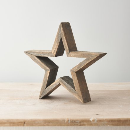 A free standing wooden star set with a rustic tone and natural finish 