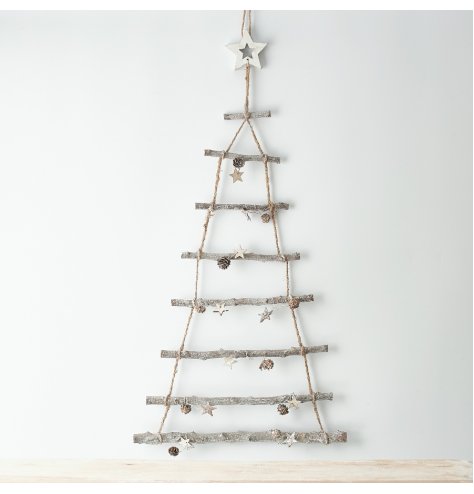 A rustic hanging 8 tiered branch tree with added woodland foliage and simple charms 