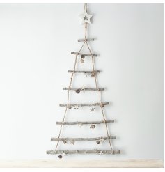 A basic 8 tiered hanging wall tree made from natural sticks and added foliage and decals 