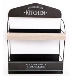 A large decorative kitchen display unit featuring natural wooden tray shelves and printed script text decals 