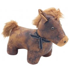 Sure to bring a charmingly rustic feel to any home space, a Faux Leather Doorstop in a cute Horse Shape 