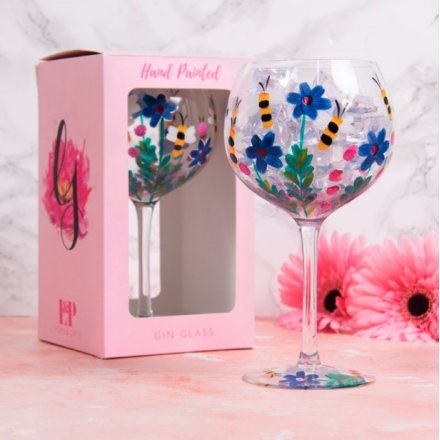  A charmingly themed painted Gin Glass featuring a colourful bee and flower decal 