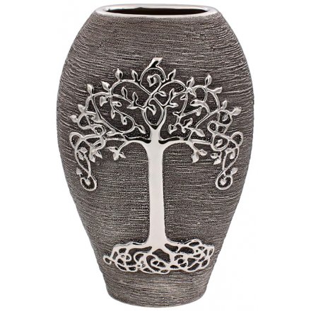 (L) Tall Tree Of Life Vase, Gunmetal Grey 