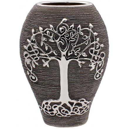 (S) Tall Tree Of Life Vase, Gunmetal Grey 