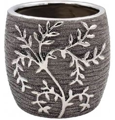   A Gun Metal Grey toned ceramic ornamental planter featuring an embossed climbing leaf decal 