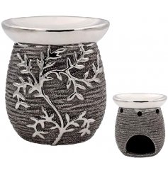 A Gun Metal Grey toned ceramic oil burner featuring an embossed climbing leaf decal 