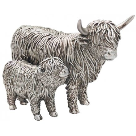 Silver Highland Cow and Calf, 19cm 