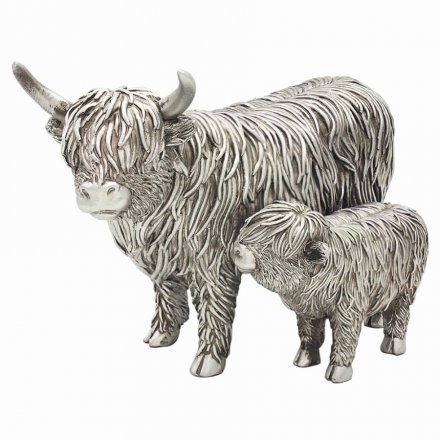 Silver Highland Cow and Calf, 24cm 