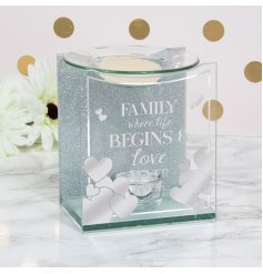  A gorgeously finished clear glass Oil Burner with a glittery backdrop, silver accents and bold scripted text decal 