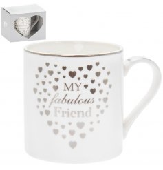 Ideal for gifting to any much friend, a Fine China Mug with a pretty silver heart decal and scripted text 